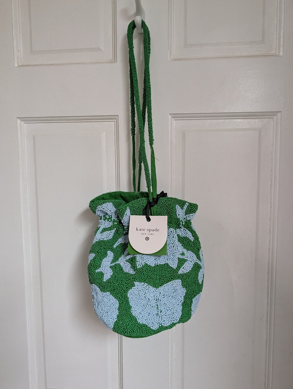 NWT- Kate spade Green and Light Blue Floral Beaded Drawstring Mini Bag